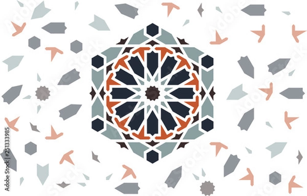 Fototapeta Seamless vector pattern. Arabian pattern with pale color arabesque tile disintegration and bright central element