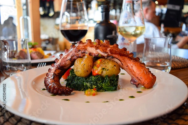 Obraz Grilles octopus, potato, red wine glass