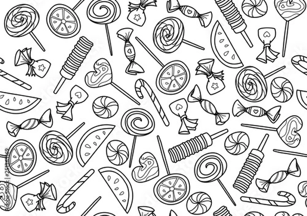 Obraz Vector lollipop caramel candy seamless  pattern, black silhouettes.