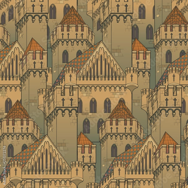 Fototapeta Medieval city architecture. Seamless pattern in a style of a medieval tapestry or illuminated manuscript. EPS10 vector illustration