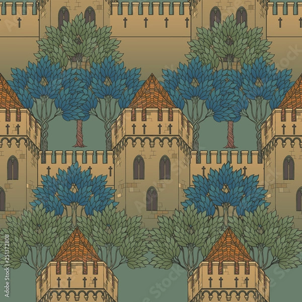 Fototapeta Medieval city architecture. Seamless pattern in a style of a medieval tapestry or illuminated manuscript. EPS10 vector illustration