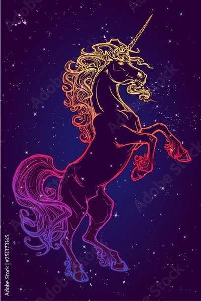 Fototapeta Rearing up Unicorn. Fantasy concept art for tattoo, logo. Colour drawing isolated on starry night sky background. EPS10 vector illustration.