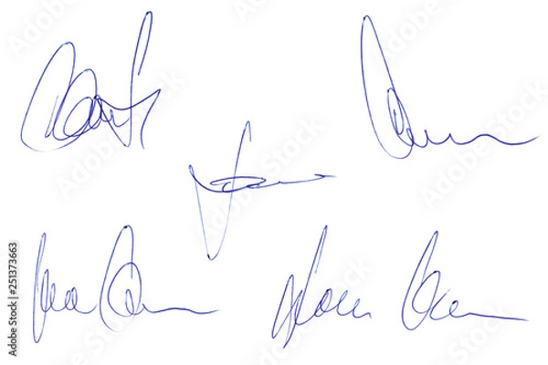 Obraz Handwritten signature concept of signed document with ballpoint pen isolated on white background of matt photographic paper
