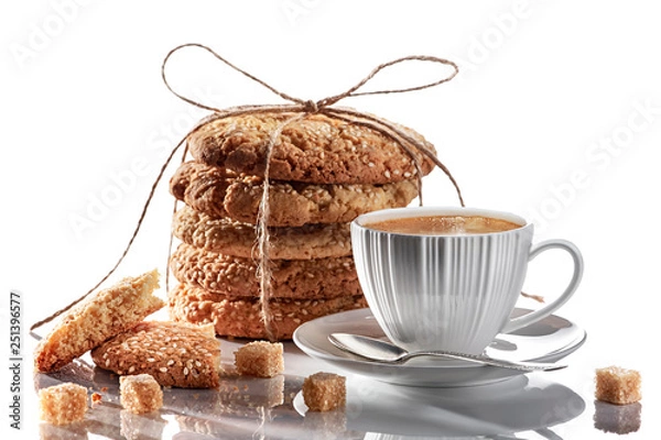 Obraz Composition white cup with coffee and oatmeal cookies. ?ane sugar.