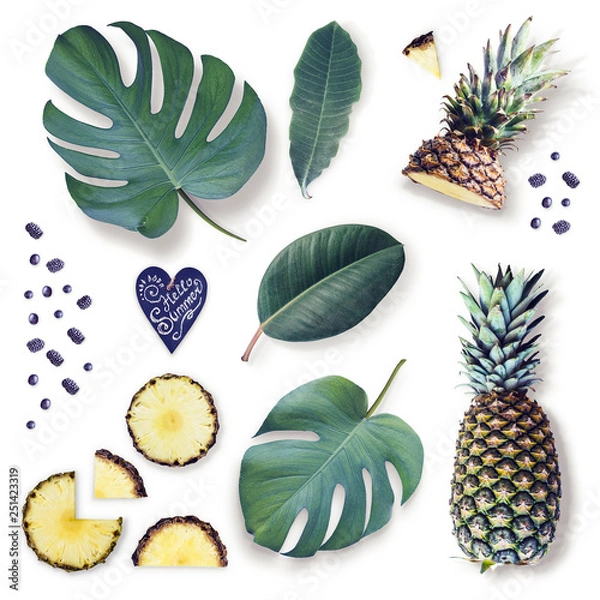 Fototapeta Elements of isolated tropical leaves, pineapple and berries. Top view. Copy space.  Flat lay.