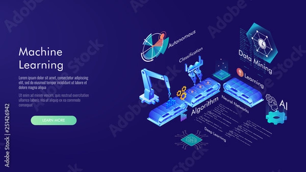 Obraz Machine learning, Ai, Data mining, algorithm, algorithm, neural network, deep learning and autonomous. isometric vector concept