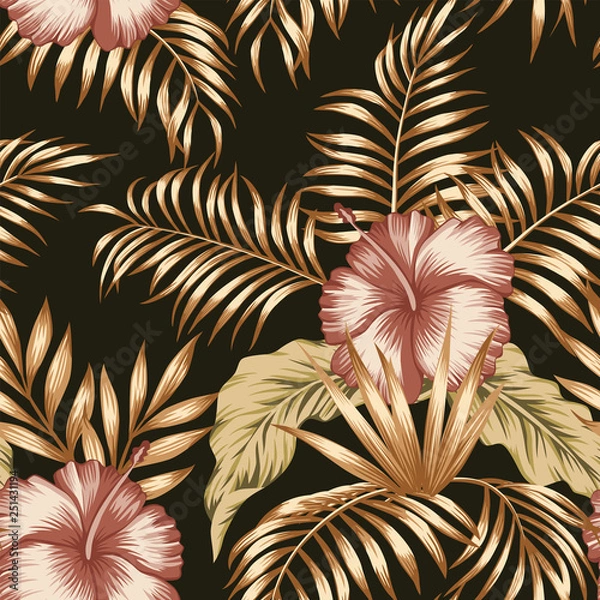 Fototapeta Tropical botanical composition hibiscus gold palm leaves black background