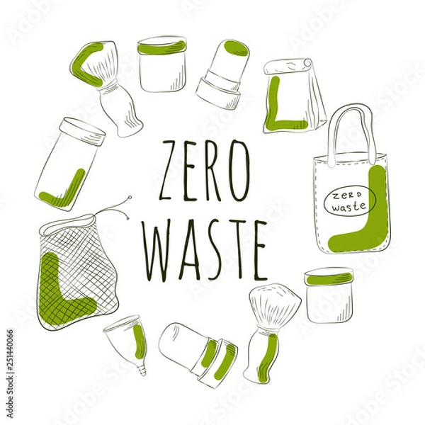 Fototapeta Zero Waste Concept Hand drawn elements of zero waste life. Vector illustration.