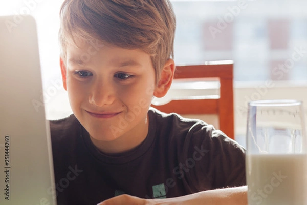 Fototapeta Happy young boy at home using a laptop to do his homework