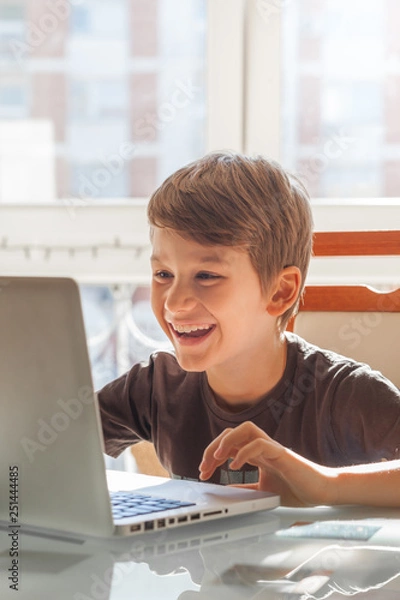 Fototapeta Happy young boy at home using a laptop to do his homework