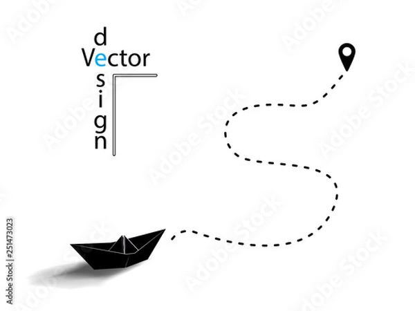 Fototapeta Vector black paper origami ship or boat. Silhouette. The dotted line, the concept of travel location on the map pin. Isolated white background.