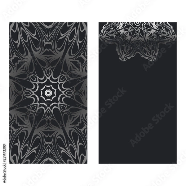 Fototapeta Visit Card Template With Floral Mandala Pattern. Vector Template. Islam, Arabic, Indian, Mexican Ottoman Motifs. Hand Drawn Background. Black silver color