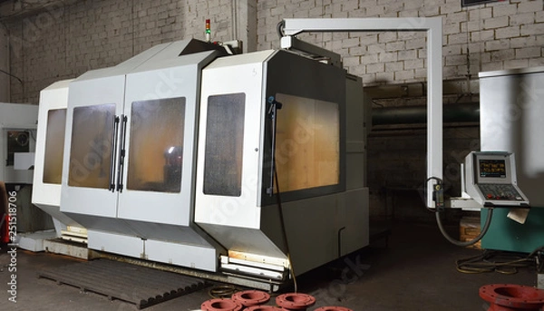 Fototapeta CNC machine for working with metal, slightly dirty, is in the factory. Cnc machine gray