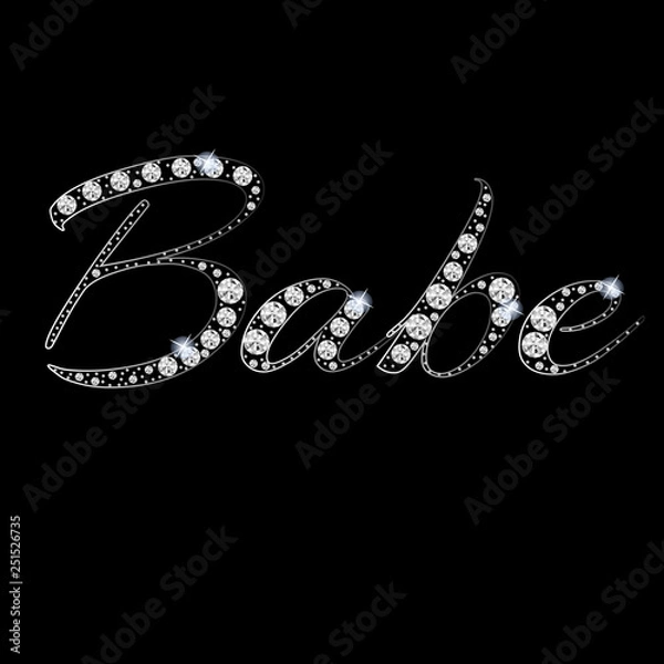 Fototapeta Babe - slogan with rhinestones and branches. Beautiful print for t-shirts, textiles and postcards. The text is written with crystals on black background. Vector illustration.