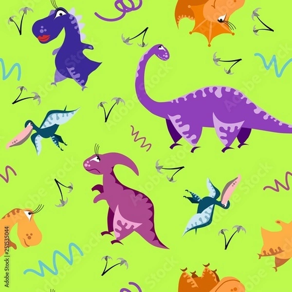 Obraz Seamless dinosaur pattern. Animal green background with colorful dino. Vector illustration.