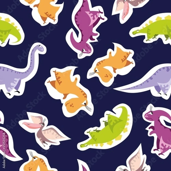 Obraz Seamless dinosaur pattern. Animal dark blue background with colorful dino. Vector illustration.