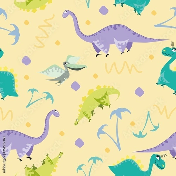 Obraz Seamless dinosaur pattern. Animal yellow background with colorful dino. Vector illustration.