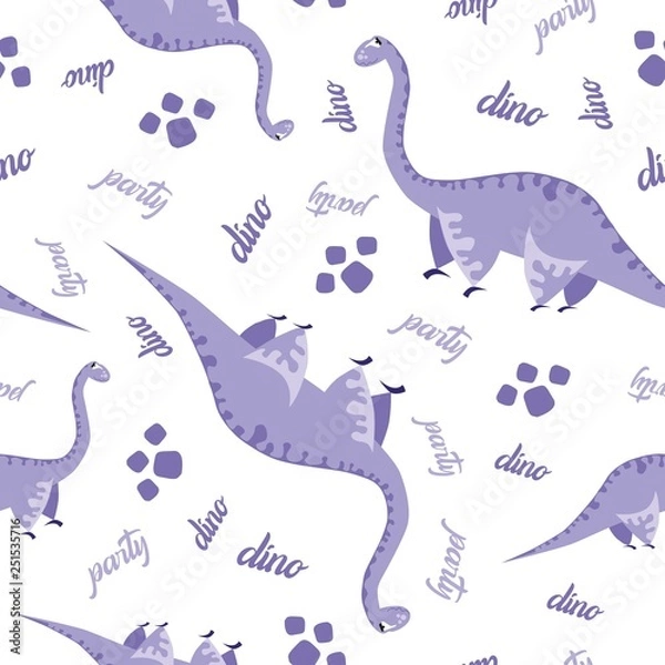 Fototapeta Seamless dinosaur pattern. Animal white background with purple dino. Vector illustration.
