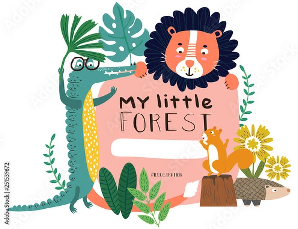 Obraz Cute Animals Lion, Crocodile, Squirrel and Pangolin happy in my little forest pattern. Vector illustration.