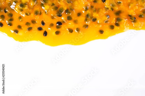 Fototapeta Closeup top view passion fruit seed on white background with copy space, fruit for healthy concept