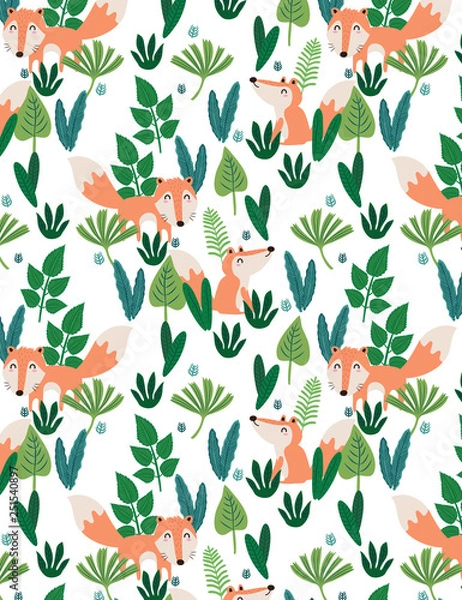 Fototapeta Seamless pattern with Fox, flowers,palm branch, leaves. floral texture. Great for fabric, textile Vector Illustration.