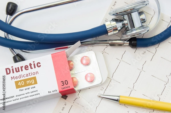 Fototapeta Diuretic drug for heart, kidneys and cardiovascular system. Packing of pills with inscription "Diuretic Medication" for treatment of cardiovascular diseases near EKG