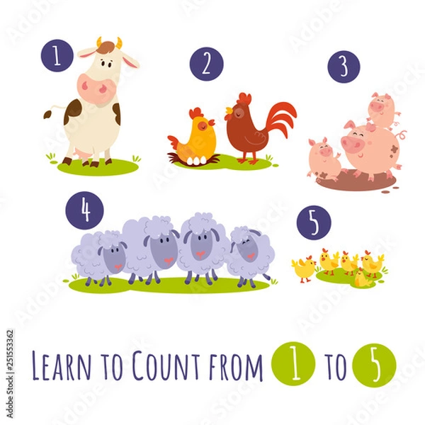 Fototapeta A large set of animals and birds with a farm in a cartoon style. Flat vector illustration isolated on white background. Cow, sheep, goat, chicken, hen, pig, horse, donkey