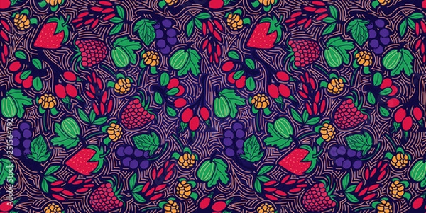Obraz Pattern concept with different berries. Vector hand-draw line illustration.