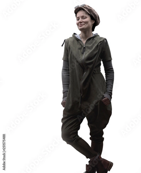 Fototapeta Young woman in a green jumpsuit in a cap and glasses posing in the studio isolated on a white background.