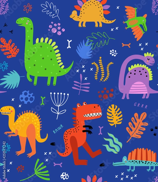 Fototapeta Wzór z dinozaurami i kwiatami