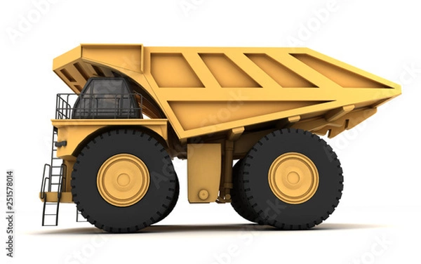Obraz Low angle view at left side of the huge empty mining dump truck isolated on white background. Left side. Low angle. 3d illustration.