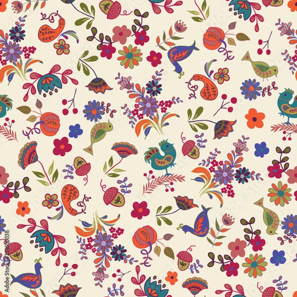 Fototapeta Seamless pattern with Flowers, Acorns, Pumpkins and Birds