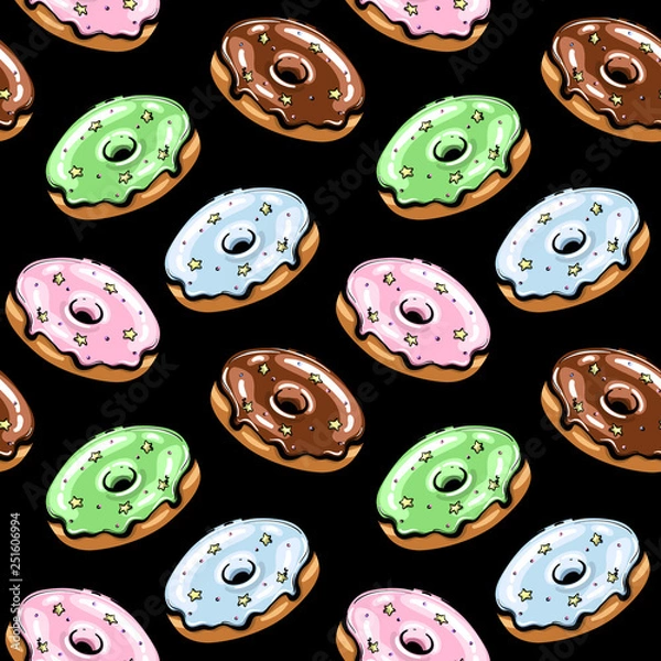 Obraz Black Glazed Donut Seamless Pattern Vector Illustration