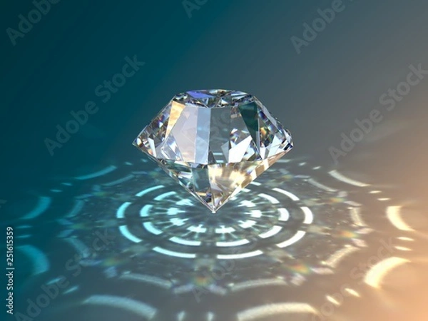 Fototapeta Sparkling round brilliant cut diamond with colorful caustics rays, staying on table. Close-up side view. 3D rendering
