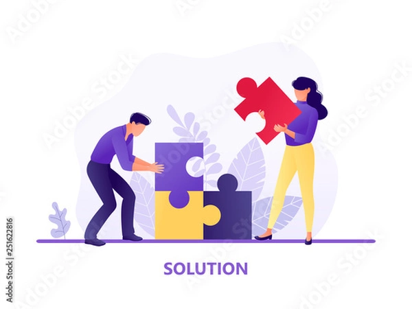 Obraz Solution. People fitting together pieces of a jigsaw puzzle. Cooperation and teamwork, solutions and problem solving. Flat concept vector illustration for web page, website and mobile.