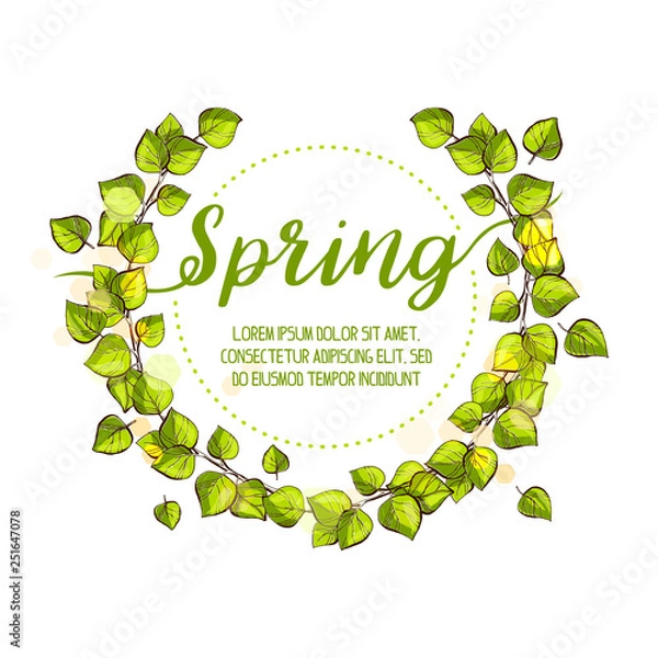 Fototapeta Spring wreath with green fresh birch leafs. Hand drawn lime ink style illustration. Spring doodle.