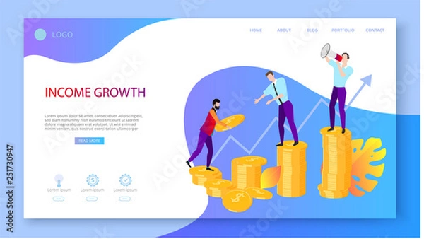 Obraz Income growth. Presentation, landing page or website template for business projects with people, money and arrow.