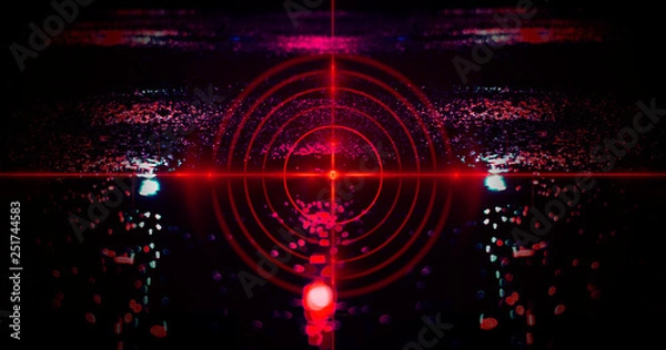 Fototapeta Abstract dark background with rays, laser red sight and neon light. Empty tunnel, room, basement night view of a dark room. Wet asphalt in the night city, reflection. Red neon and red laser sight. Neo