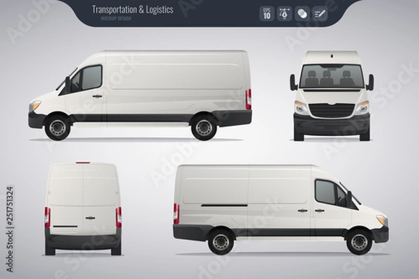 Fototapeta Detailed Cargo Van vector template. Realistic White Cargo Van isolated on grey background. Vector