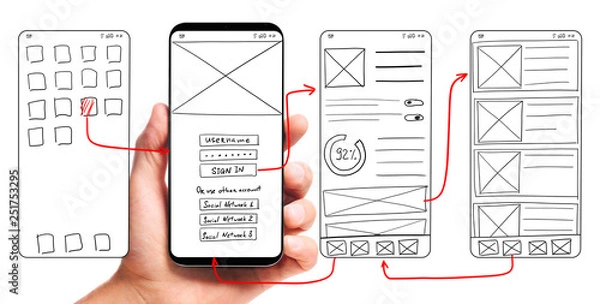 Obraz Rozwój interfejsu użytkownika. Męskiej ręki trzymającej smartfon z prototypami ekranu interfejsu użytkownika szkieletowego aplikacji mobilnej na białym tle.