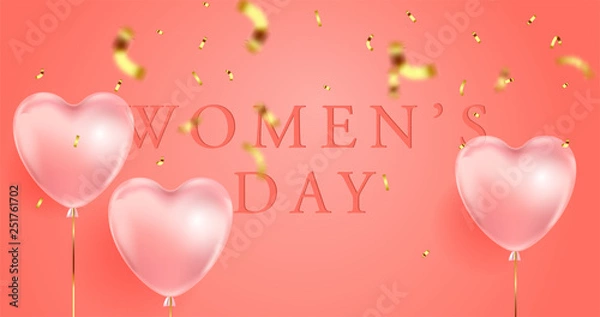 Fototapeta coral color background, beautiful realistic 3D balloons in the shape of a heart and confetti, a voucher, advertising discounts, a website banner for women's day. 8 march illustration