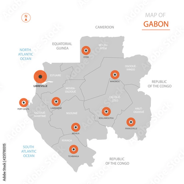 Fototapeta Stylized vector Gabon map showing big cities, capital Libreville, administrative divisions and country borders