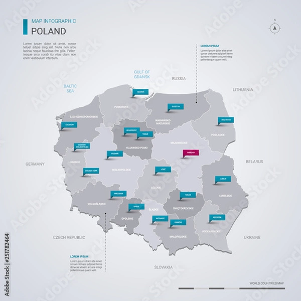 Fototapeta Mapa wektorowa Polski z elementami infografiki, znaki wskaźnika.