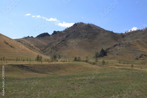 Obraz The mountains of the Barguzin mountains, this valley of the Barguzin river Steppe in the floodplain of the Barguzin river, then-birch forest belt, and behind it-the mountains of Barguzin ridge and the