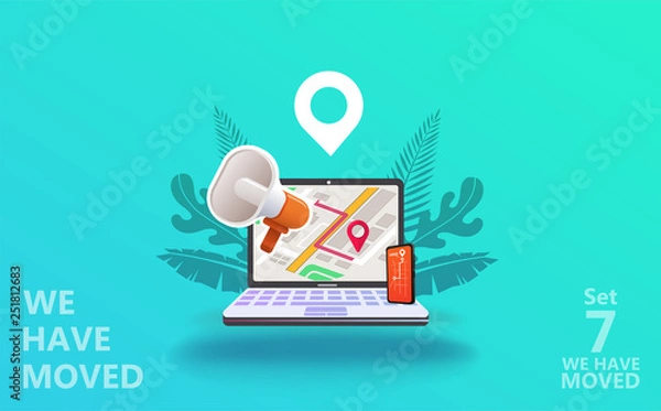 Fototapeta We have moved vector illustration concept. We have moved new office icon location.  Change location announcement business home map. Use for, landing page, template, ui, web, mobile app, poster, banner