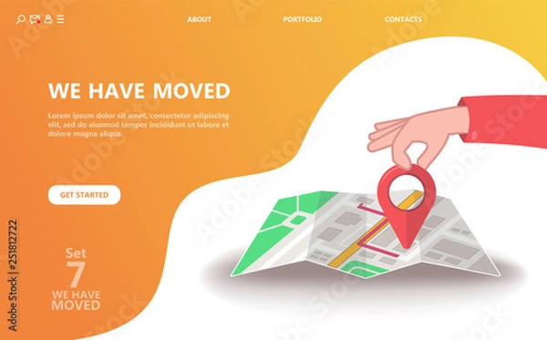 Fototapeta We have moved vector illustration concept. We have moved new office icon location.  Change location announcement business home map. Use for, landing page, template, ui, web, mobile app, poster, banner