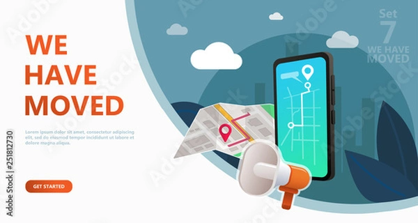 Fototapeta We have moved vector illustration concept. We have moved new office icon location.  Change location announcement business home map. Use for, landing page, template, ui, web, mobile app, poster, banner