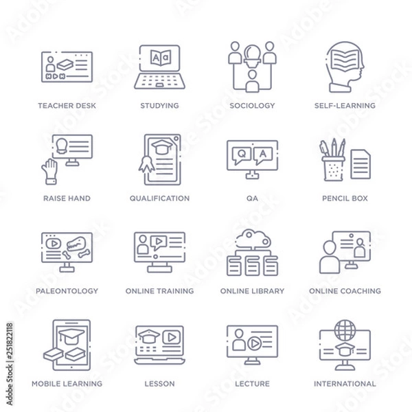 Fototapeta set of 16 thin linear icons such as international, lecture, lesson, mobile learning, online coaching, online library, online training from elearning and education collection on white background,