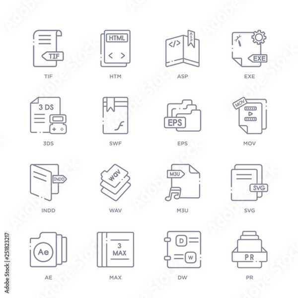 Fototapeta set of 16 thin linear icons such as pr, dw, max, ae, svg, m3u, wav from file type collection on white background, outline sign icons or symbols