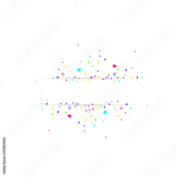 Fototapeta Blank banner with color confetti isolated on white background. Vector festive background. Happy birthday concept